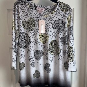 Allison Daley Gray and Yellow Heart Pattern Rhinestone Top